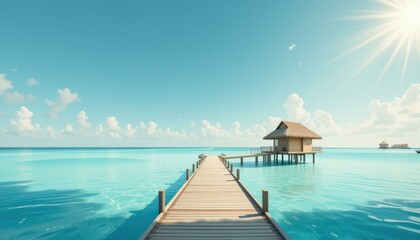 Tropical Paradise: Serene Wooden Pier Leading Overwater Bungalow Bright Blue Sky Fluffy Clouds - Luxury Travel Vacation Destination Marketing Materials