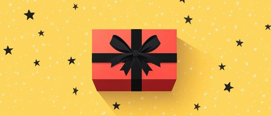 Festive gift box with black ribbon and stars on a cheerful yellow background.