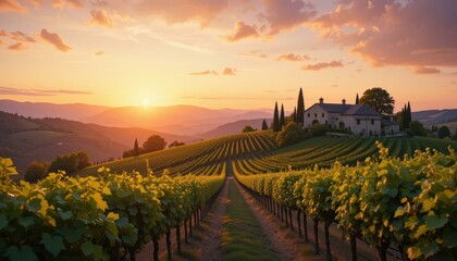 Fototapeta premium Stunning Vineyard Sunset Lush Green Grape Vines Rustic Farmhouse Rolling Hills - Wine Tourism Marketing Travel Promotion