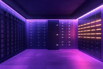 Futuristic Vault with Neon Lighting in Dark Room Atmosphere