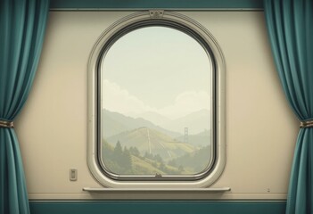 Naklejka premium Modern Minimalist Digital Illustration Curved Window Teal Curtains Framing Serene Mountain Landscape - Travel Nature Promotion