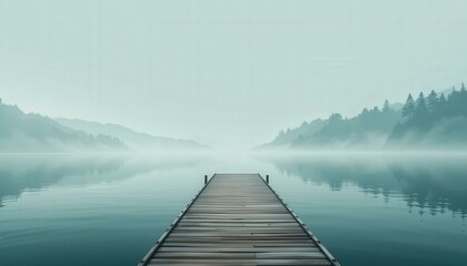 Fototapeta premium Serene Misty Lake Wooden Dock Distant Mountains - Modern Minimalist Nature Landscape Wellness Mindfulness Background