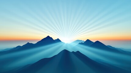 Majestic mountains with rays of sunlight at sunrise, illuminated sky and soft hues.