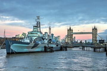 HMS Belfast with Tower Bridge in London, United Kingdom