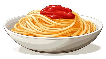 A delicious plate of spaghetti topped with bright red tomato sauce on a white background.
