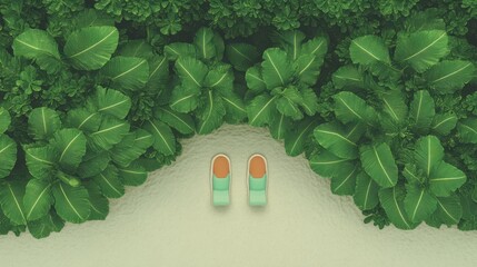 A vibrant pair of orange and green shoes rests on a pristine white sand beach, contrasting beautifully with the serene surroundings.