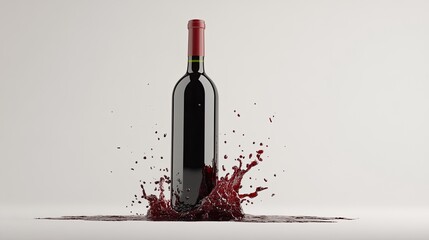 A bottle of red wine tips over, creating an elegant yet dramatic splash effect on a crisp white background.