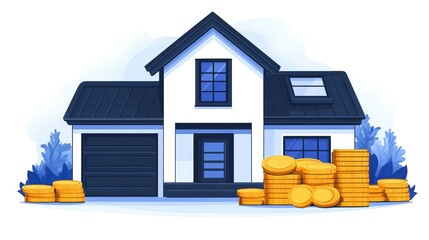 House with stacks of coins, illustrating wealth and investment concept.