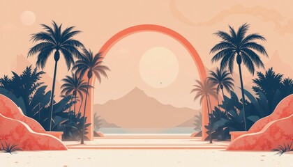 Modern Minimalist Digital Illustration Tropical Landscape Palm Trees Circular Arch Soft Peach Light Blue - Serene Tropical Paradise Travel Marketing, Vacation, Wellness Retreats