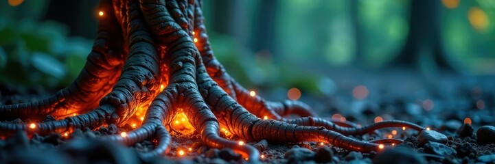 Metal tree roots with glowing tendrils reaching outwards, reachin, futuristic, stretching