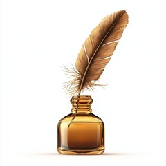 Feather quill and ink bottle isolated on white background