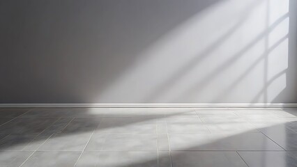 Sunlit Room Interior: Grey Wall, Tile Floor, Light Shadows