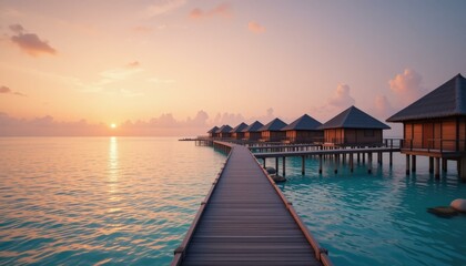 Obraz premium Tropical Paradise Sunset Overwater Bungalows Wooden Walkway Pastel Sky - Luxury Travel Destination Relaxation Getaways