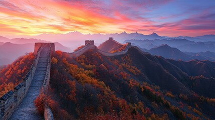 Fototapeta premium Great Wall of China at Colorful Sunset with Mountainous Landscape