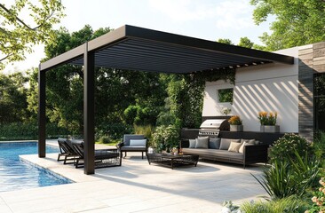 Modern outdoor patio with pergola and swimming pool