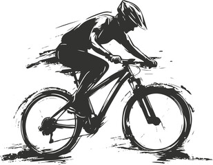 Dynamic black and white illustration of a cyclist in motion on a bike.