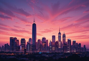 Fototapeta premium Vibrant Sunset City Skyline Skyscrapers Dramatic Clouds - Urban Landscape Travel Tourism Marketing