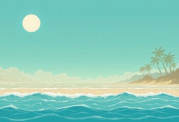 Modern Minimalist Vector Illustration Tropical Beach Calm Ocean Waves, Palm Trees, Light Turquoise Sky - Travel Tourism Marketing, Summer Vacation Promotions, Relaxation Themes