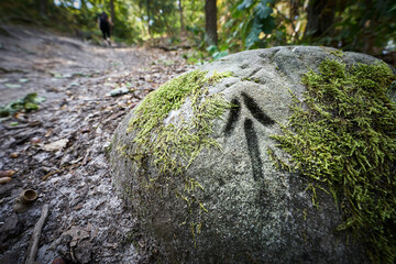 Richtungspfeil im Sandstein am Wanderweg zu den Sandhöhlen bei Blankenburg im Harz in Deutschland