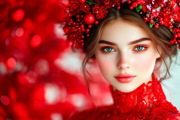 A young woman with striking blue eyes and a vibrant red floral crown gazes thoughtfully, The backdrop features soft red bokeh, creating a festive atmosphere perfect for holiday-themed projects,