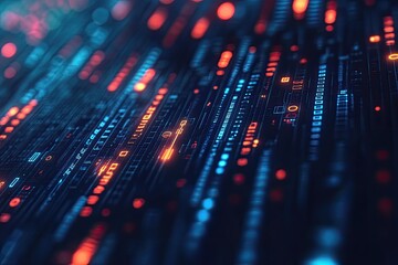 Abstract digital data stream in motion, glowing code in dark background