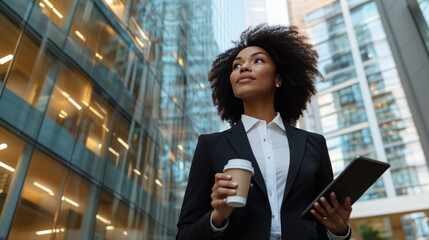 confident black businesswoman wear sleek black suit holds coffee and tablet in the urban building atmosphere 