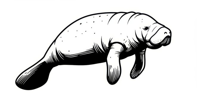 Pencil sketch of a manatee, detailed anatomical drawing, marine wildlife illustration, scientific textbook style, grayscale, soft shading, gentle giant, underwater creature, sea cow, rounded body, fli