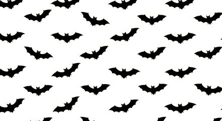 Fototapeta premium Halloween pattern, black bats silhouettes, white background, repeating motif, flying creatures, spooky design, vector illustration, seamless wallpaper, gothic aesthetic, nocturnal animals, simple shap