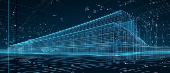 A sophisticated digital architectural blueprint of a sleek commercial skyscraper, depicted in a transparent wireframe style