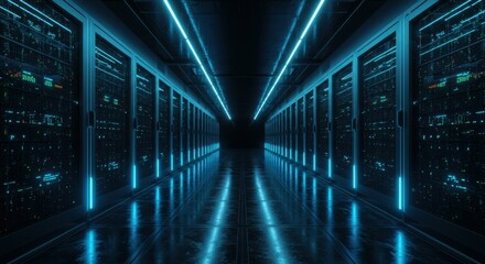 Fototapeta premium Data center, server room, futuristic, blue neon lighting, symmetrical perspective, long corridor, rows of server racks, dark atmosphere, cyberpunk aesthetic, high-tech, glowing lights, reflective surf