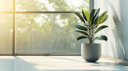 Fototapeta premium A bright modern interior with a rubber plant in a stylish pot, standing beside a floor-to-ceiling window