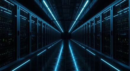 Fototapeta premium Data center, server room, futuristic, blue neon lighting, symmetrical perspective, long corridor, rows of server racks, dark atmosphere, cyberpunk aesthetic, high-tech, glowing lights, reflective surf