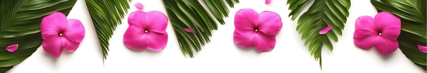 Pink Floral Minimalist Composition with Falling Petals and Palm Leaves