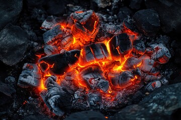 Close-up of glowing embers in a campfire