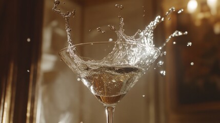 A classic martini glass tips over, elegant clear liquid splashing in motion.