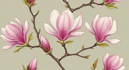 Magnolia flowers, delicate pink petals, soft focus, pastel background, botanical illustration, realistic painting, fine art, spring blossoms, textured canvas, gentle lighting, closeup, elegant composi
