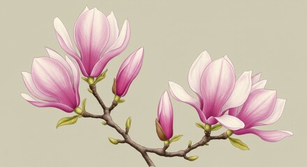 Fototapeta premium Magnolia flowers, delicate pink petals, soft focus, pastel background, botanical illustration, realistic painting, fine art, spring blossoms, textured canvas, gentle lighting, closeup, elegant composi