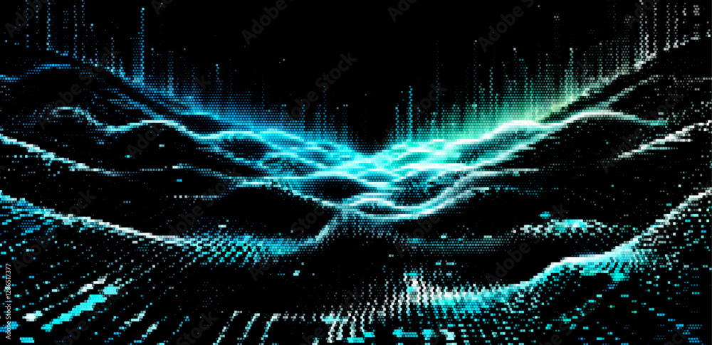 Poster A flowing vector illustration of abstract blue waves formed by dynamic particles on a dark background, evoking a sense of digital energy and fluidity in motion.