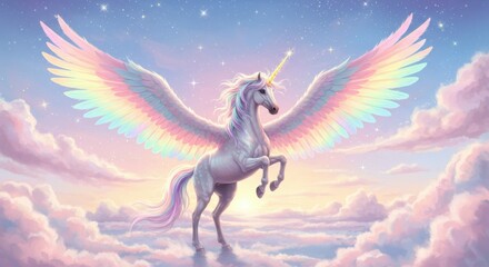 Majestic unicorn with rainbow wings, pastel sky background, fluffy pink clouds, magical fantasy creature, ethereal lighting, iridescent colors, starry twilight, whimsical illustration style, dreamy at
