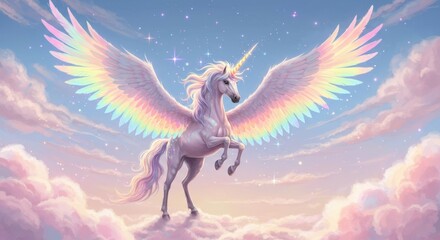 Majestic unicorn with rainbow wings, pastel sky background, fluffy pink clouds, magical fantasy creature, ethereal lighting, iridescent colors, starry twilight, whimsical illustration style, dreamy at