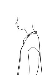 A portrait of a woman is drawn in one line style. Body and face expression. Printable art.	