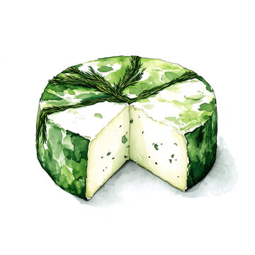 A wheel of Cornish Yarg cheese painted in soft akvarel watercolor style