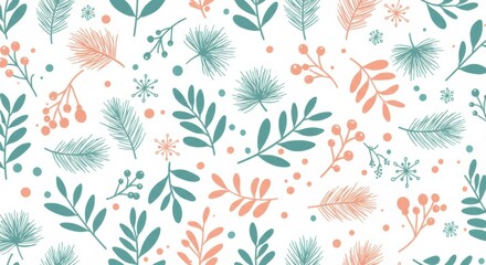 Winter foliage pattern, pastel colors, pine branches, holly berries, winter flora, delicate leaves, festive botanical illustration, seamless repeat, soft mint green and coral pink, hand-drawn style, h