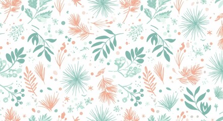 Delicate floral pattern, pastel coral and teal, hand-drawn botanical elements, seamless repeat design, whimsical leaves and flowers, soft watercolor texture, nature-inspired illustration, subtle backg