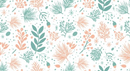 Delicate floral pattern, pastel coral and teal, hand-drawn botanical elements, seamless repeat design, whimsical leaves and flowers, soft watercolor texture, nature-inspired illustration, subtle backg