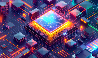 Obraz premium Futuristic Quantum Computer Core with Glowing Qubits and Advanced Circuitry in a High-Tech Laboratory Environment High-tech microchip amidst vibrant circuitry, symbolizing innovation in electronics an