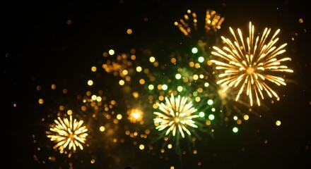 Fireworks display, night sky, golden bursts, green sparkles, festive celebration, colorful explosions, dark background, new year's eve, dazzling light show, pyrotechnics, aerial illumination, starry p