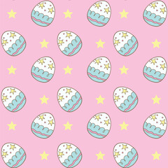 Adorable seamless pattern featuring decorated Easter eggs and yellow stars on a pink background, perfect for festive designs, fabric, and wallpapers-Vector illustration