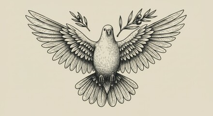Obraz premium Dove of peace, spread wings, detailed feathers, olive branch, rays of light, sepia tones, vintage illustration, engraving style, religious symbolism, hope, freedom, pencil sketch, textured paper, arti