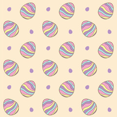 Cute seamless pattern featuring pastel-colored Easter eggs with wavy stripes on a beige background. Perfect for festive decorations and designs-Vector illustration